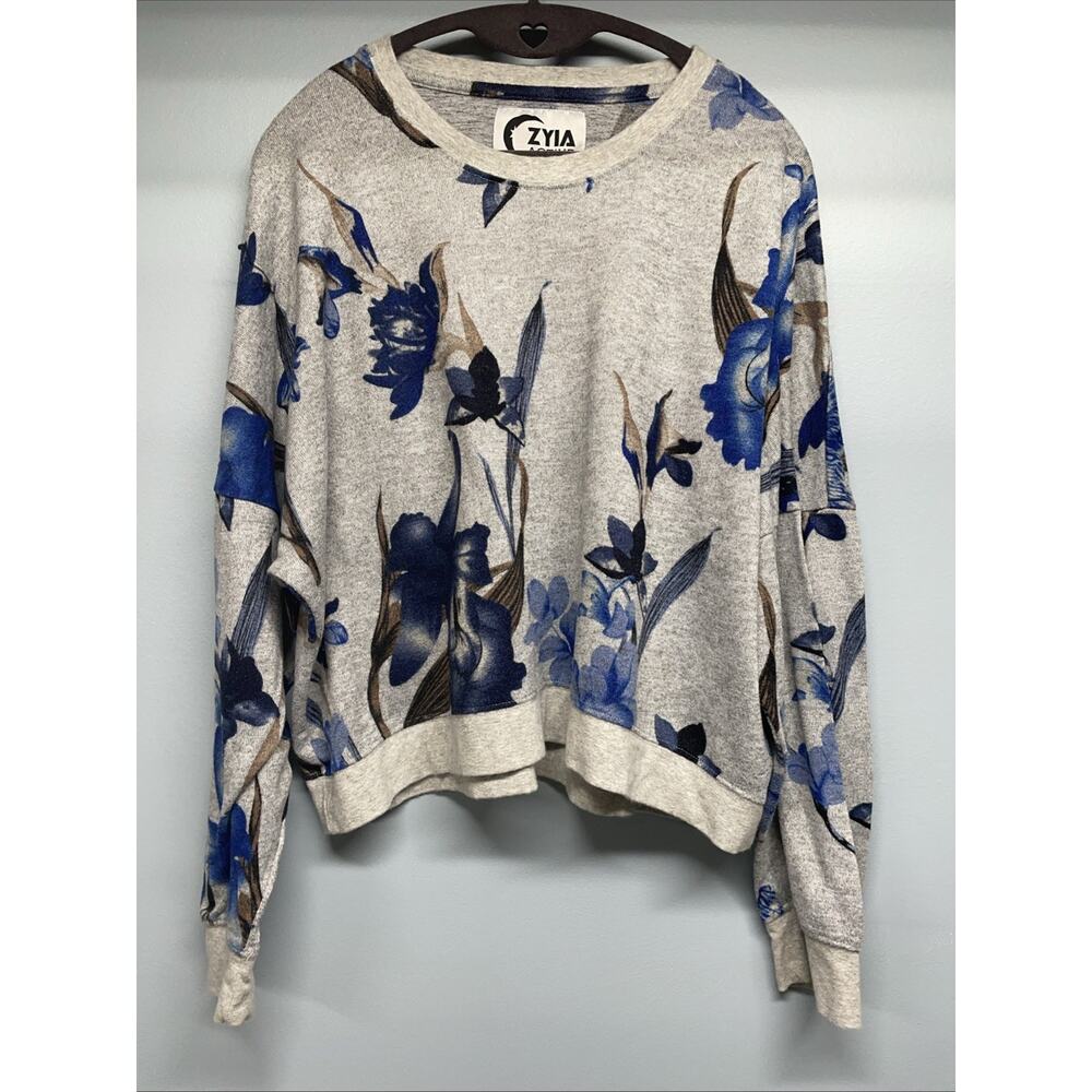 Zyia Active Sweatshirt Womens XXXL 3X Gray Blue Floral Cropped Dropped Shoulder